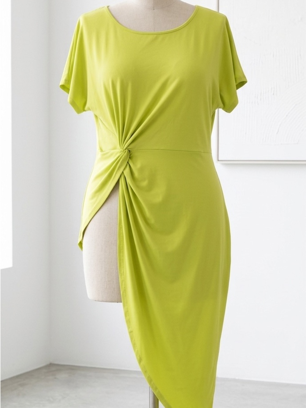 Rebdolls| Mod Chartreuse Asymmetrical Knot-Front Short Sleeve Top/Blouse Sz 2X
